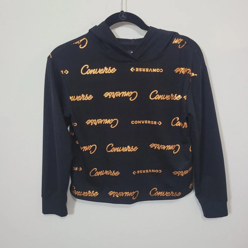 Converse Size L Hoodie Girls Black Gold Metallic All Over Logo Pullover